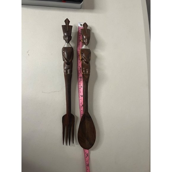 African Folk Art Fork and Spoon Other - VINTAGE African Folk Art Fork and Spoon Hand Carved Wood Salad Set